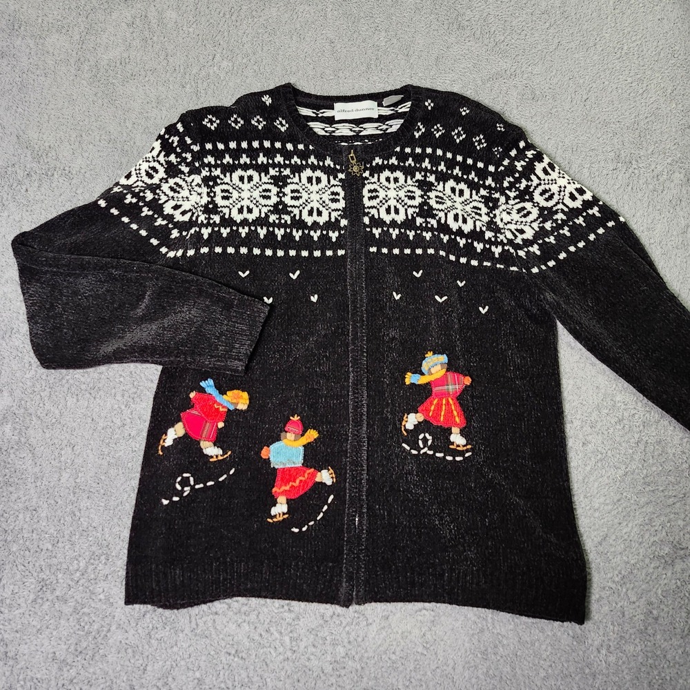 Alfred Dunner Womens Medium Cardigan Black Chenille Fair Isle Ice Skaters Zip Up